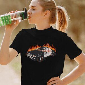 Ghost Driving Police Car Halloween T-Shirt – Fun Spooky Ghost in Flaming Police